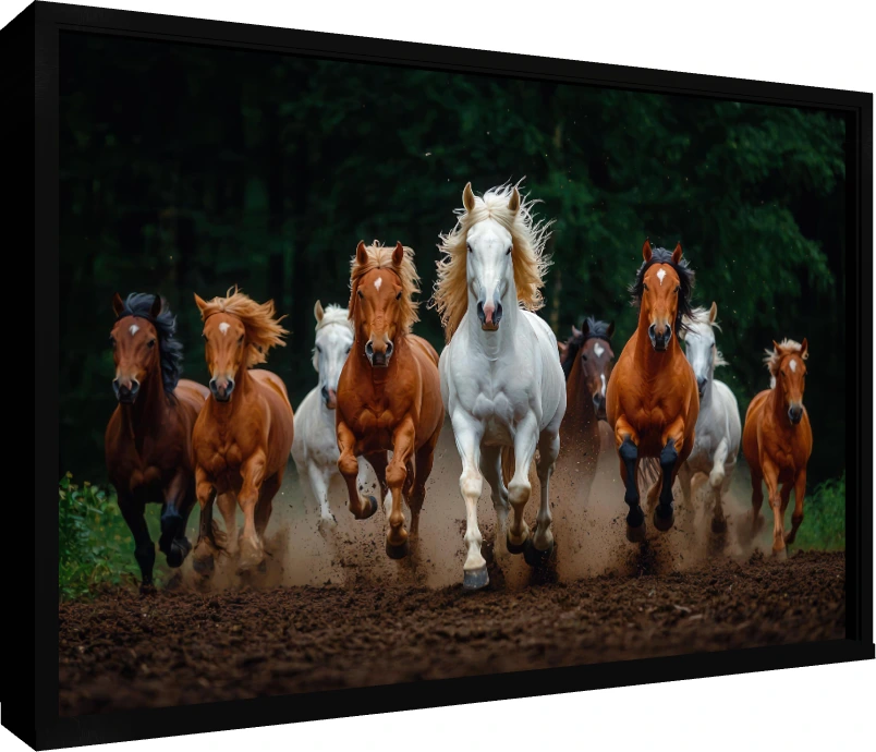 A powerful herd of multi-colored horses galloping forward through a dusty forest path, led by a majestic white stallion. — floater frame preview | PrintPosters.in